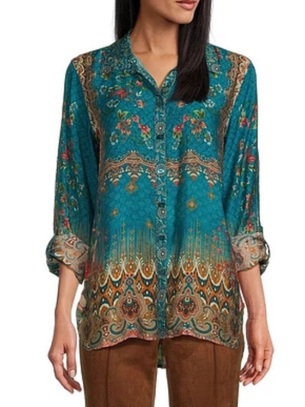 John Mark Button Up Tunic Top Floral Bohemian Medium